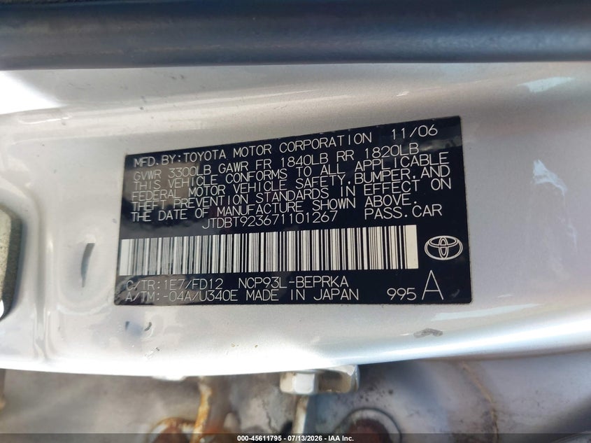 2007 Toyota Yaris VIN JTDBT923671101267 IAAI salvage auction — LEFT & RIGHT, Clear (Minnesota), sold $225 on 2026-07-29 (photo 9)