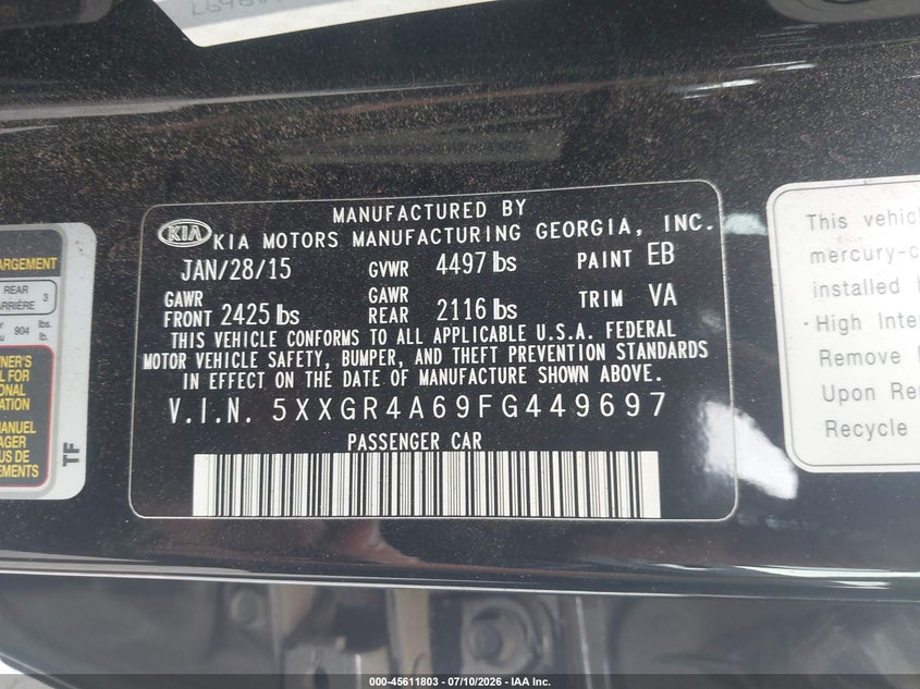 2015 Kia Optima VIN 5XXGR4A69FG449697 IAAI salvage auction — NORMAL WEAR, Clear (Virginia), sold $350 on 2026-07-28 (photo 9)