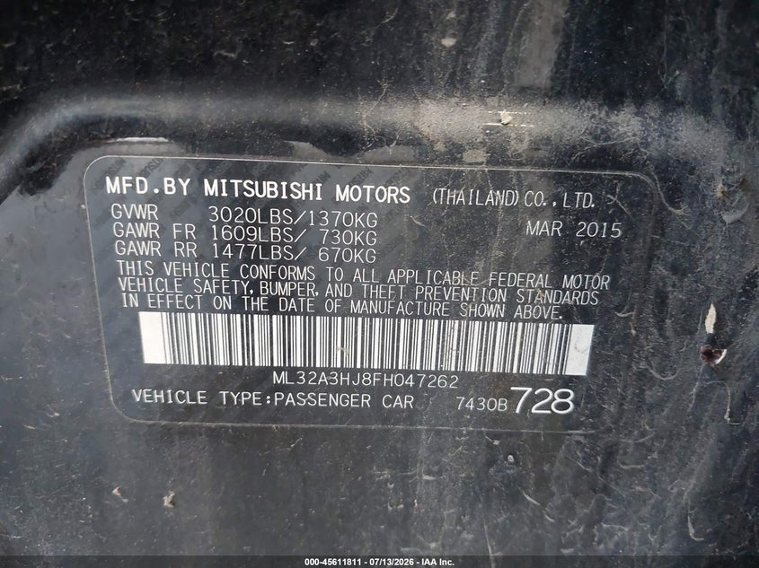 2015 Mitsubishi Mirage VIN ML32A3HJ8FH047262 IAAI salvage auction — NORMAL WEAR, Clear (Utah), sold $75 on 2026-07-20 (photo 9)