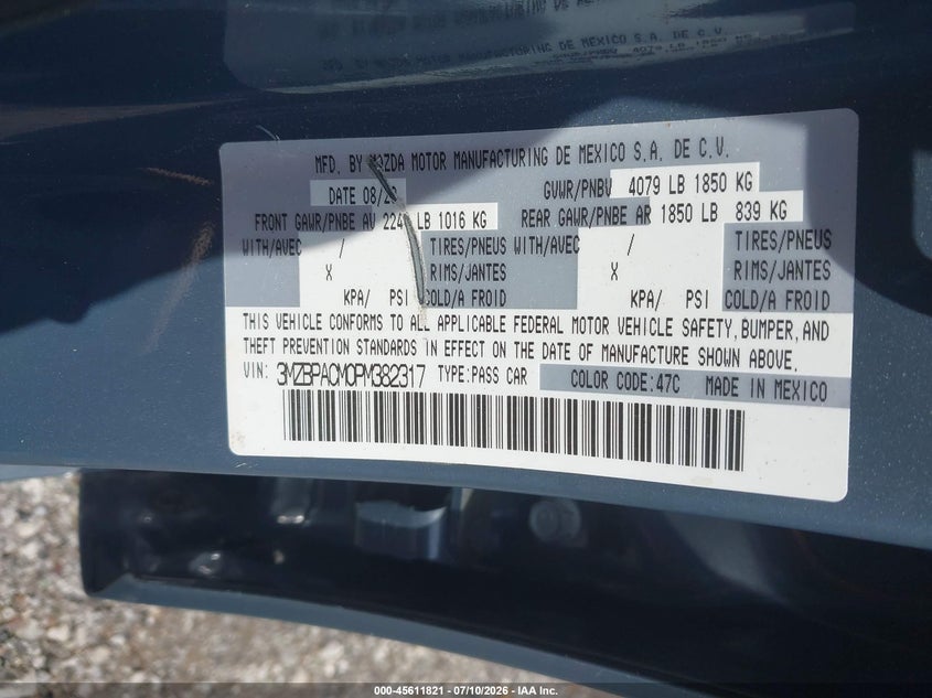 2023 Mazda 3 VIN 3MZBPACM0PM382317 IAAI salvage auction — RIGHT REAR, Salvage Title, sold $4,750 on 2026-09-10 (photo 9)