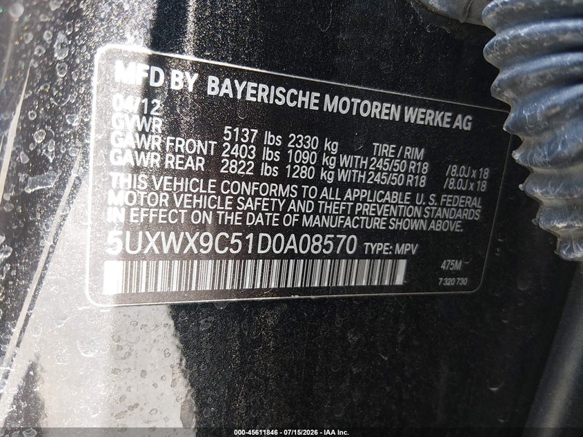 2013 BMW X3 VIN 5UXWX9C51D0A08570 IAAI salvage auction — LEFT REAR, Salvage (Nevada), sold $1,275 on 2026-08-01 (photo 9)