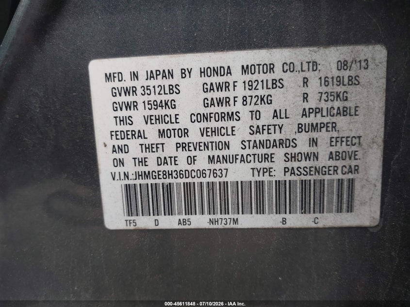 2013 Honda Fit VIN JHMGE8H36DC067637 IAAI salvage auction — FRONT END, Salvage Title, sold $550 on 2026-08-01 (photo 9)