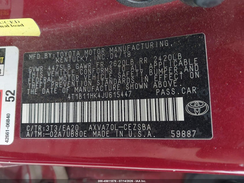 2018 Toyota Camry VIN 4T1B11HK4JU615447 IAAI salvage auction — THEFT, Original (Texas), sold $4,650 on 2026-07-18 (photo 9)