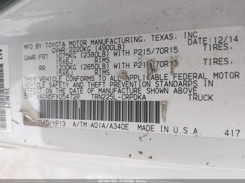 2015 Toyota Tacoma VIN 5TFTX4CN5FX054725 IAAI salvage auction — NORMAL WEAR, Clear (Tennessee), sold $5,150 on 2026-07-29 (photo 9)