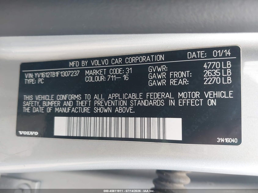 2015 Volvo S60 VIN YV1612TB1F1307237 IAAI salvage auction — FRONT END, Salvage Title, sold $550 on 2026-08-11 (photo 9)