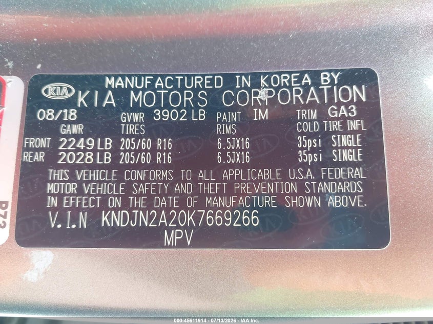 2019 Kia Soul VIN KNDJN2A20K7669266 IAAI salvage auction — NORMAL WEAR, Clear (Alabama), sold $3,450 on 2026-07-20 (photo 9)