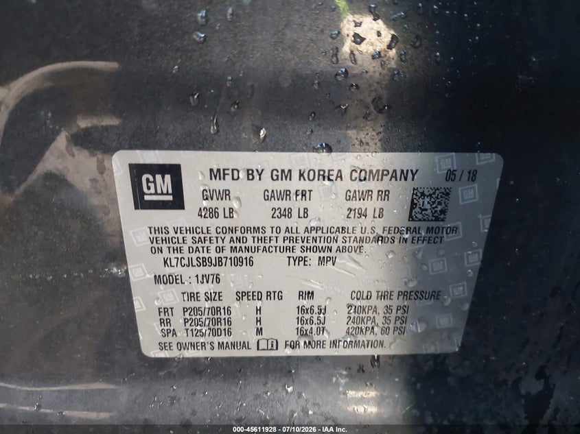 2018 Chevrolet Trax VIN KL7CJLSB9JB710916 IAAI salvage auction — NORMAL WEAR, Clear - Dealer Only (California), sold $775 on 2026-07-29 (photo 9)