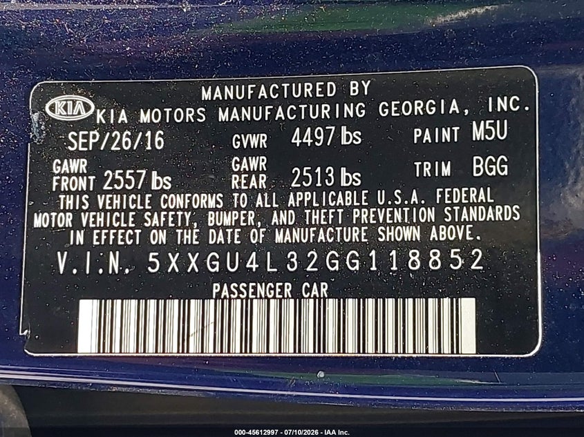 2016 Kia Optima VIN 5XXGU4L32GG118852 IAAI salvage auction — FRONT END, Salvage Title, sold $750 on 2026-07-29 (photo 9)