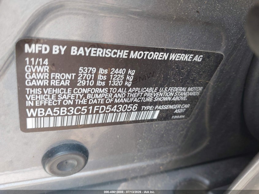 2015 BMW 5er VIN WBA5B3C51FD543056 IAAI salvage auction — FRONT END, Mv-907A (New York), sold $75 on 2026-07-28 (photo 9)
