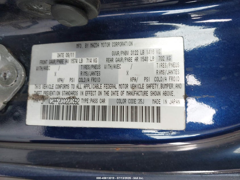 2012 Mazda Mx-5 VIN JM1NC2PF2C0220392 IAAI salvage auction — NORMAL WEAR, Clear (Florida), sold $1,000 on 2026-07-29 (photo 9)