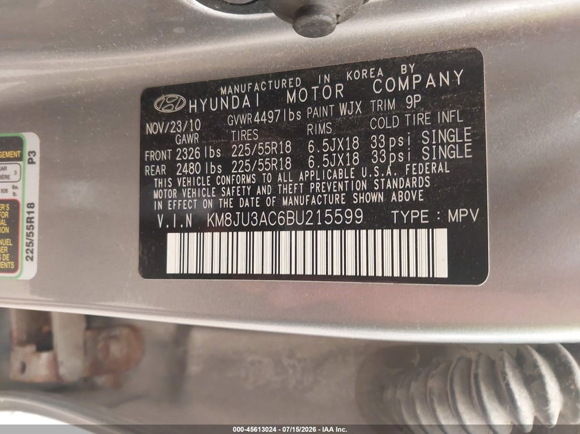 2011 Hyundai Tucson VIN KM8JU3AC6BU215599 IAAI salvage auction — NORMAL WEAR, Original (New Hampshire), sold $900 on 2026-07-28 (photo 9)