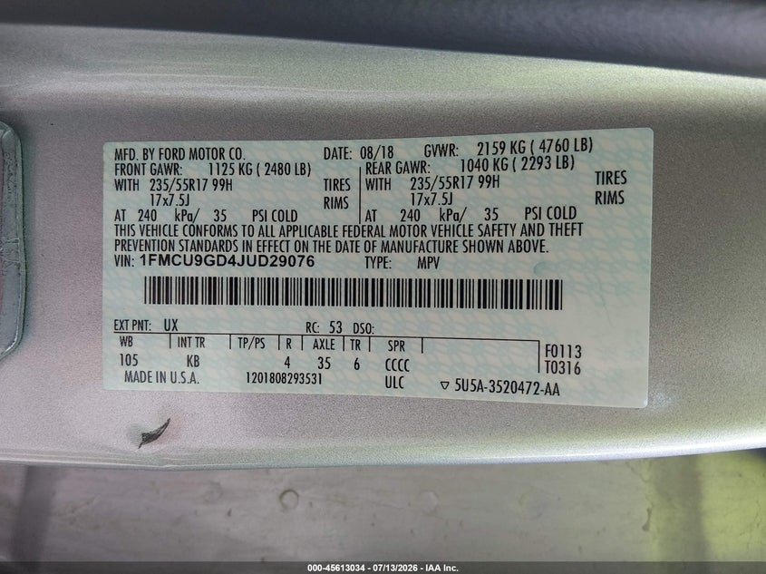2018 Ford Escape VIN 1FMCU9GD4JUD29076 IAAI salvage auction — NORMAL WEAR, Clear (Kansas), sold $1,400 on 2026-07-18 (photo 9)