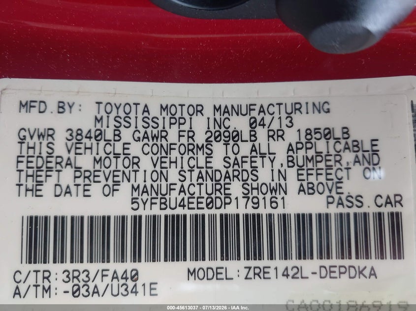2013 Toyota Corolla VIN 5YFBU4EE0DP179161 IAAI salvage auction — NORMAL WEAR, Clear (North Carolina), sold $2,250 on 2026-07-15 (photo 9)