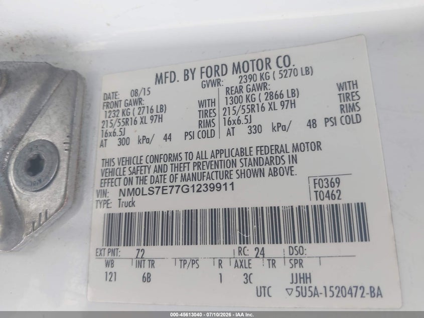 2016 Ford Transit connect VIN NM0LS7E77G1239911 IAAI salvage auction — NORMAL WEAR, Clear (Florida), sold $225 on 2026-07-20 (photo 9)