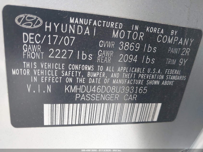 2008 Hyundai Elantra VIN KMHDU46D08U393165 IAAI salvage auction — FRONT END, Salvage (California), sold $250 on 2026-07-19 (photo 9)