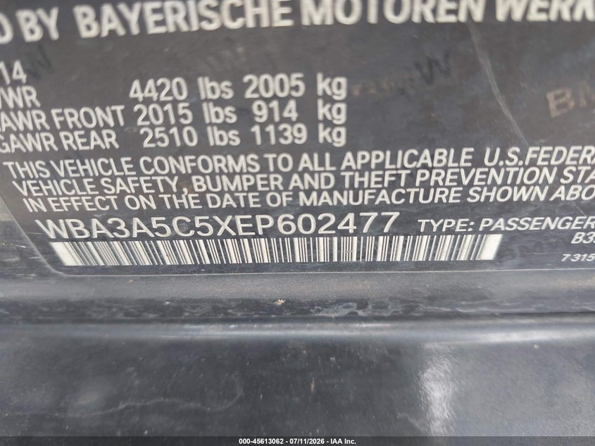 2014 BMW 3er VIN WBA3A5C5XEP602477 IAAI salvage auction — REAR END, Wait Title, sold $1,475 on 2026-08-19 (photo 9)