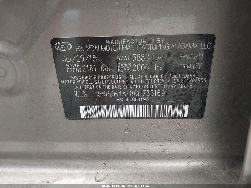 2016 Hyundai Elantra VIN 5NPDH4AE8GH735169 IAAI salvage auction — RIGHT FRONT, Salvage Title, sold $1,500 on 2026-08-31 (photo 9)