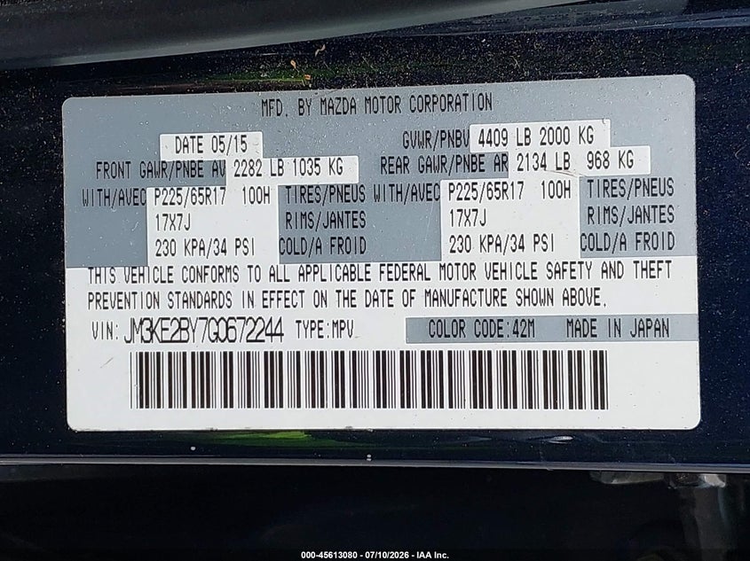 2016 Mazda Cx-5 VIN JM3KE2BY7G0672244 IAAI salvage auction — NORMAL WEAR, Clear (Florida), sold $1,700 on 2026-07-29 (photo 9)