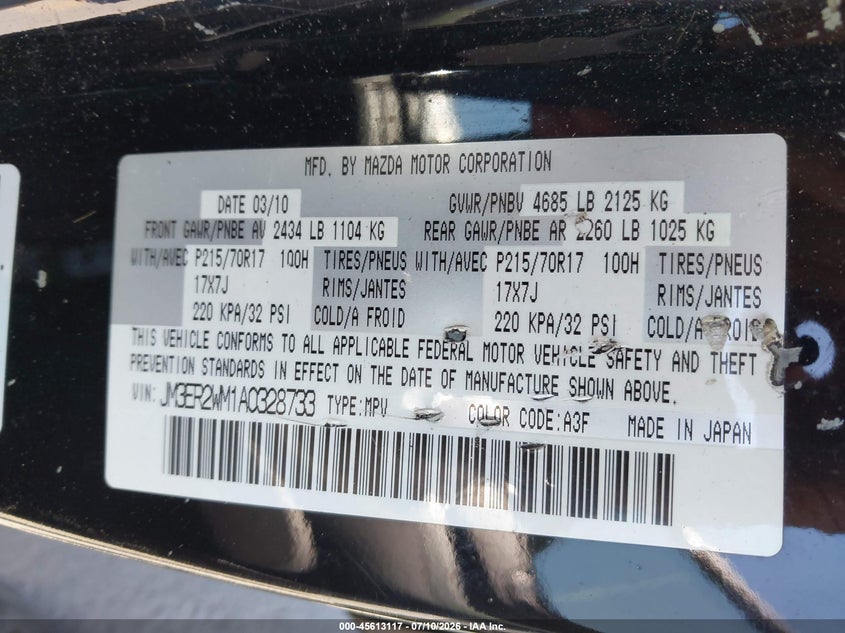 2010 Mazda Cx-7 VIN JM3ER2WM1A0328733 IAAI salvage auction — NORMAL WEAR, Clear - Dealer Only (California), sold $200 on 2026-07-29 (photo 9)