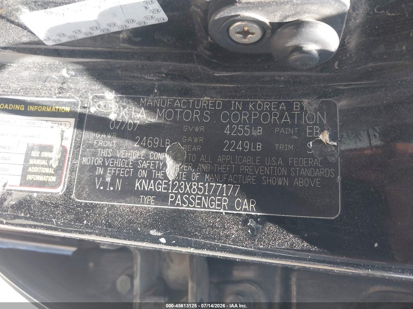 2008 Kia Optima VIN KNAGE123X85177177 IAAI salvage auction — NORMAL WEAR, Clear - Dealer Only (California), sold $275 on 2026-07-28 (photo 9)