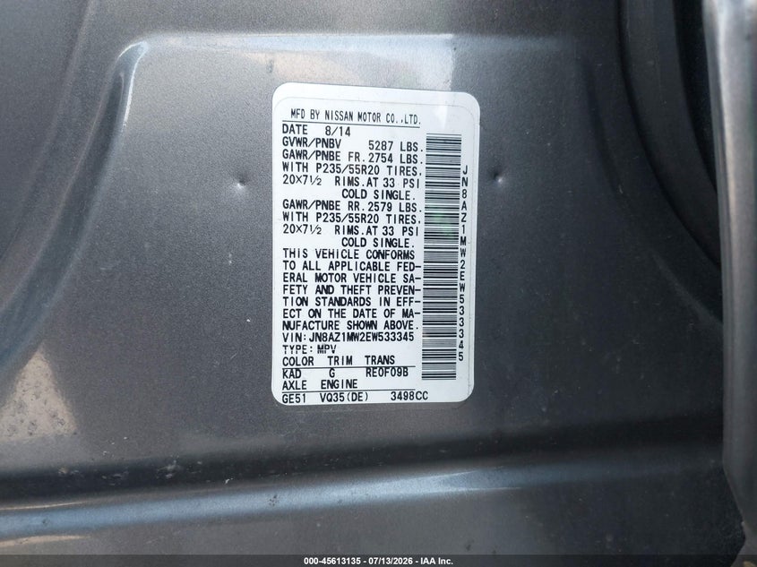 2014 Nissan Murano VIN JN8AZ1MW2EW533345 IAAI salvage auction — NORMAL WEAR, Clear (Pennsylvania), sold $225 on 2026-07-24 (photo 9)