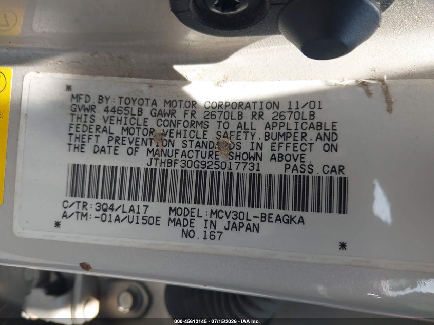2002 Lexus ES VIN JTHBF30G925017731 IAAI salvage auction — FRONT END, Salvage (Pennsylvania), sold $275 on 2026-07-23 (photo 9)