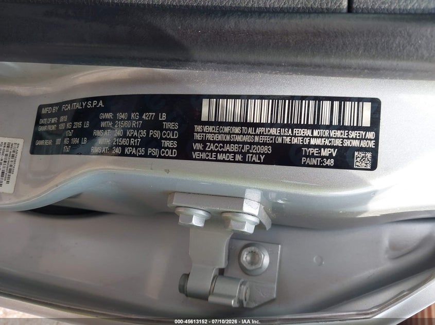 2018 Jeep Renegade VIN ZACCJABB7JPJ20983 IAAI salvage auction — RIGHT REAR, Salvage Title, sold $1,100 on 2026-07-15 (photo 9)