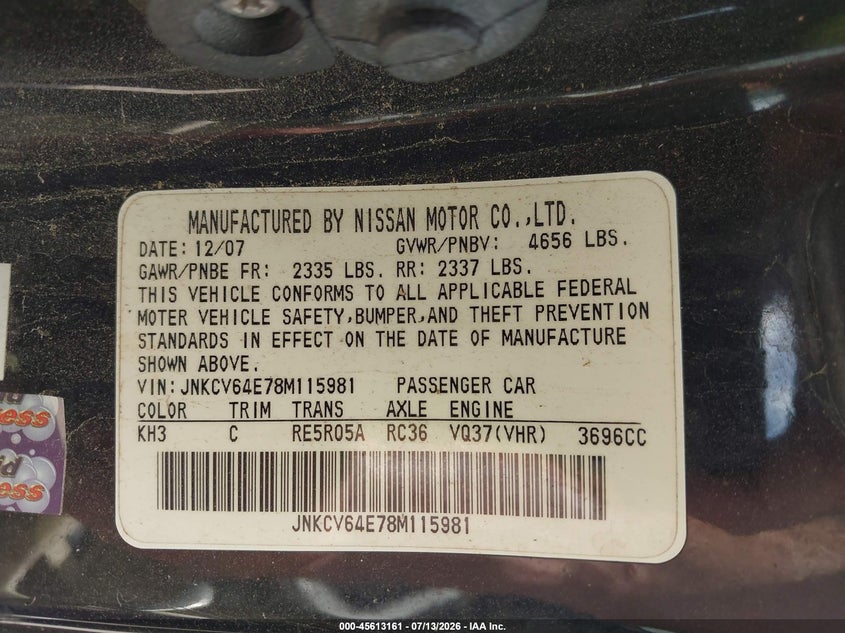 2008 Infiniti G37 VIN JNKCV64E78M115981 IAAI salvage auction — NORMAL WEAR, Original (Texas), sold $1,125 on 2026-07-27 (photo 9)