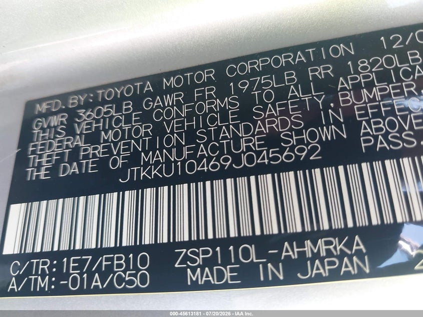 2009 Scion Xd VIN JTKKU10469J045692 IAAI salvage auction — NORMAL WEAR, Clear (Delaware), sold $475 on 2026-07-30 (photo 9)