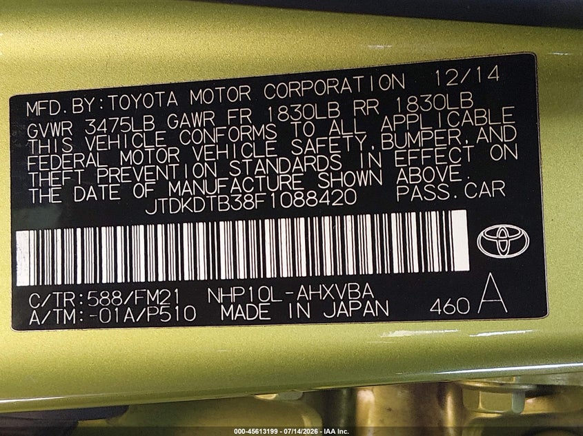 2015 Toyota Prius c VIN JTDKDTB38F1088420 IAAI salvage auction — FRONT END, Salvage (California), sold $500 on 2026-07-29 (photo 9)