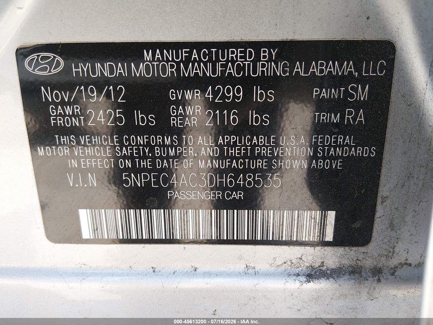 2013 Hyundai Sonata VIN 5NPEC4AC3DH648535 IAAI salvage auction — RIGHT FRONT, Salvage (California), sold $25 on 2026-07-29 (photo 9)