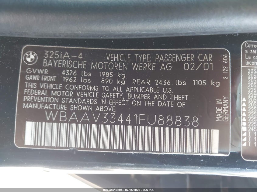 2001 BMW 3 series VIN WBAAV33441FU88838 IAAI salvage auction — NORMAL WEAR, Clear (Illinois), sold $375 on 2026-07-29 (photo 9)