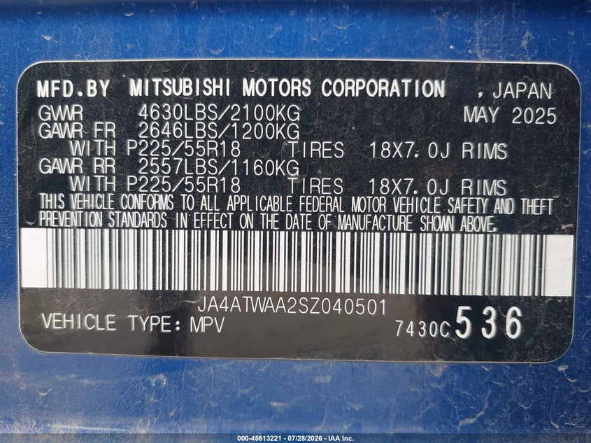 2025 Mitsubishi Eclipse cross VIN JA4ATWAA2SZ040501 IAAI salvage auction — RIGHT SIDE, Enterprise Vehicles Clear Only (Texas), sold $11,675 on 2026-07-30 (photo 9)