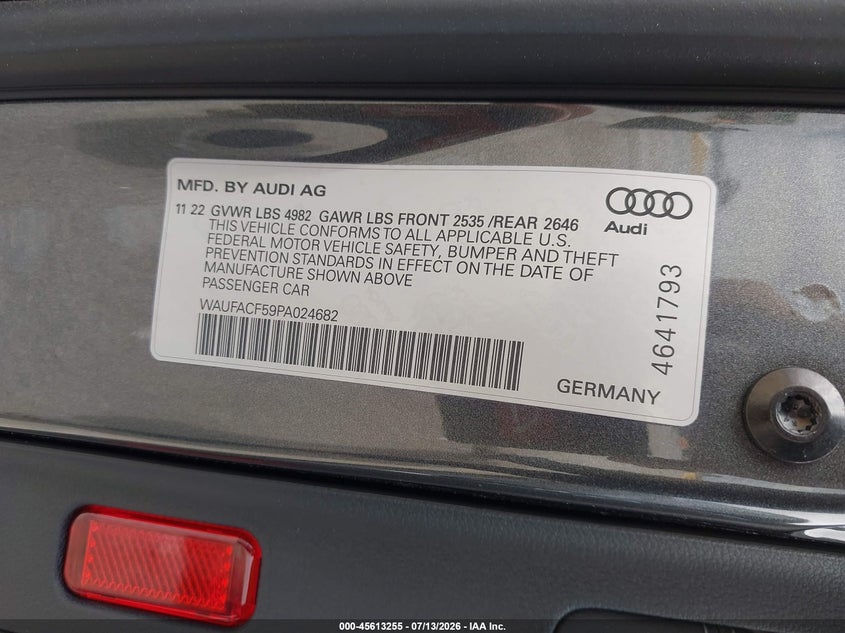 2023 Audi A5 VIN WAUFACF59PA024682 IAAI salvage auction — FRONT END, Salvage (California), sold $11,600 on 2026-07-30 (photo 9)