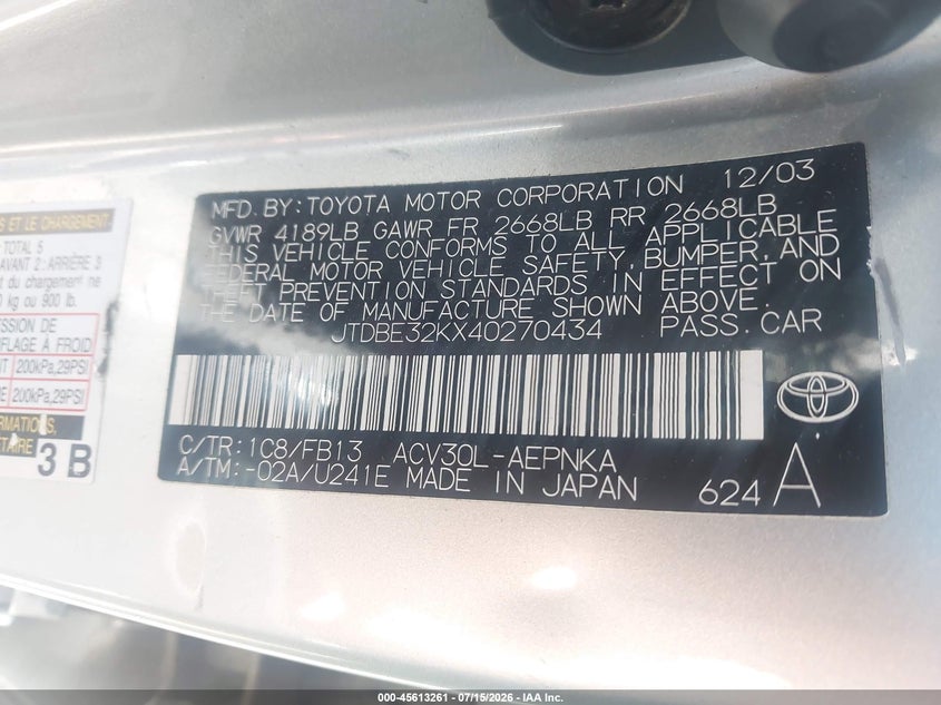 2004 Toyota Camry VIN JTDBE32KX40270434 IAAI salvage auction — NORMAL WEAR, Clear - Dealer Only (California), sold $1,050 on 2026-07-30 (photo 9)