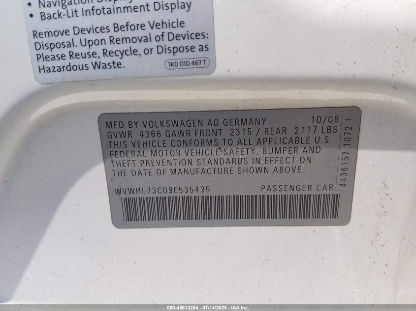 2009 Volkswagen Cc VIN WVWHL73C09E535435 IAAI salvage auction — WATER/FLOOD, Salvage (Idaho), sold $400 on 2026-08-03 (photo 9)