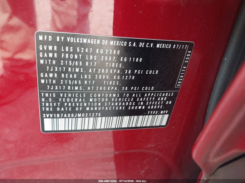 2018 Volkswagen Tiguan VIN 3VV1B7AX6JM021275 IAAI salvage auction — FRONT & REAR, Salvage Title, sold $3,575 on 2026-08-01 (photo 9)