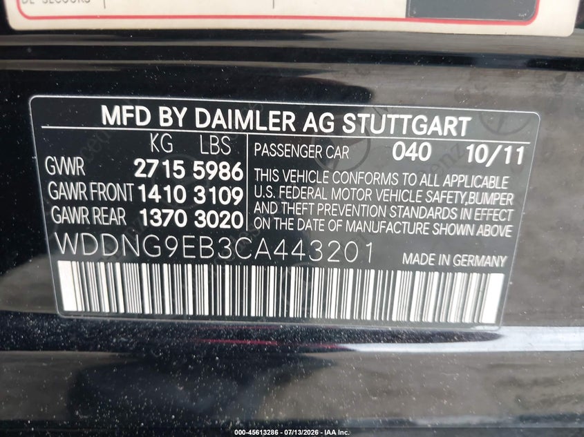 2012 Mercedes-benz S-klasse VIN WDDNG9EB3CA443201 IAAI salvage auction — NORMAL WEAR, Clear (Massachusetts), sold $1,550 on 2026-07-21 (photo 9)