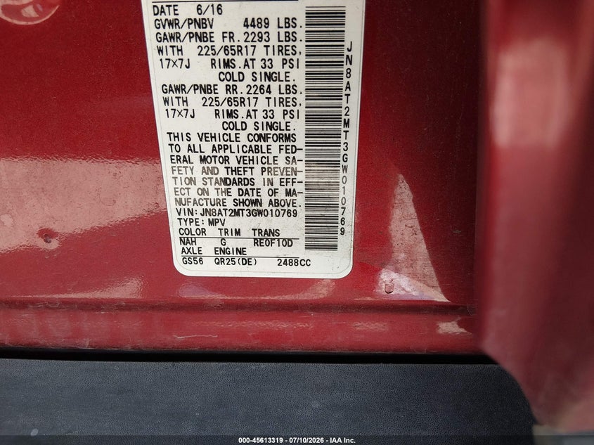 2016 Nissan Rogue VIN JN8AT2MT3GW010769 IAAI salvage auction — NORMAL WEAR, Original (Texas), sold $1,675 on 2026-07-29 (photo 9)