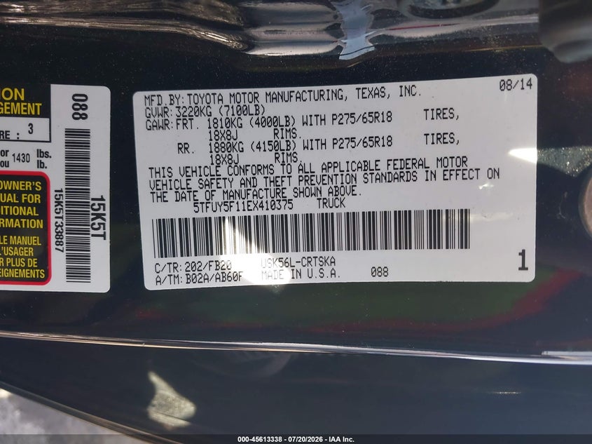 2014 Toyota Tundra VIN 5TFUY5F11EX410375 IAAI salvage auction — REAR END, Clear (Massachusetts), sold $6,600 on 2026-07-23 (photo 9)