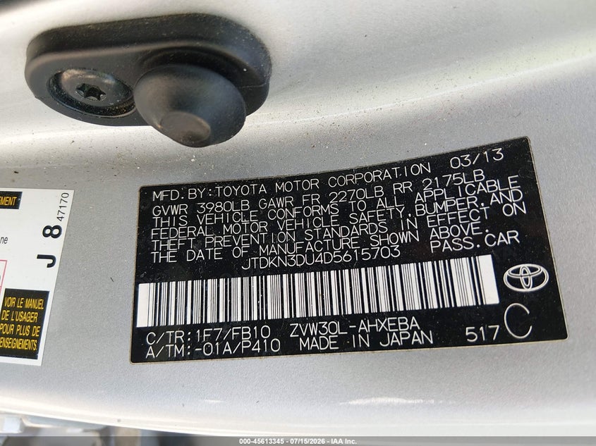 2013 Toyota Prius VIN JTDKN3DU4D5615703 IAAI salvage auction — NORMAL WEAR, Clear, sold $25 on 2026-07-21 (photo 9)