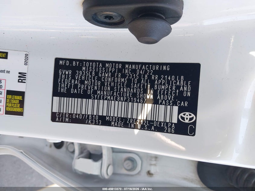 2022 Toyota Corolla VIN 5YFEPMAE8NP319467 IAAI salvage auction — FRONT END, Salvage (Connecticut), sold $4,250 on 2026-07-23 (photo 9)
