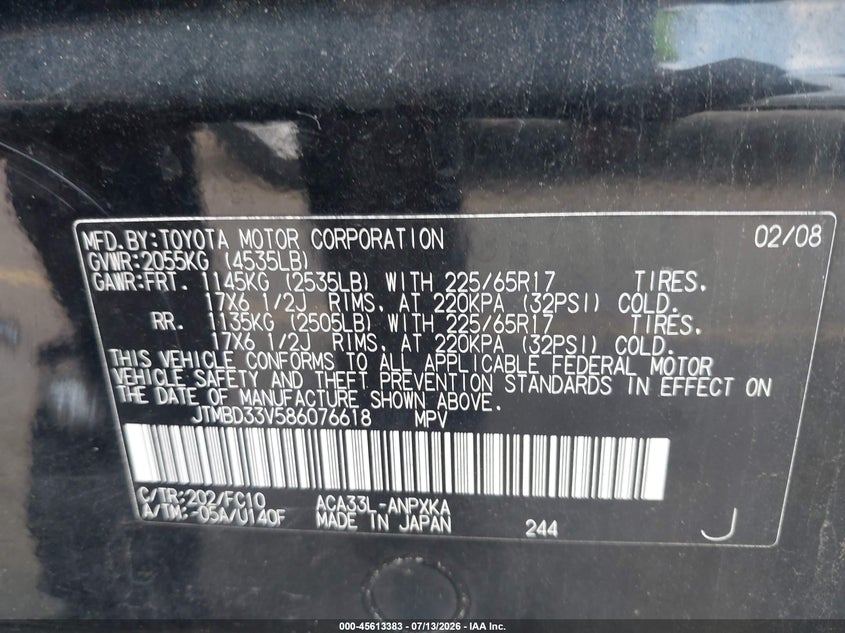 2008 Toyota Rav4 VIN JTMBD33V586076618 IAAI salvage auction — NORMAL WEAR, Clear (Connecticut), sold $1,150 on 2026-07-30 (photo 9)
