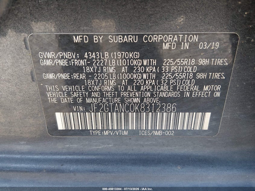 2019 Subaru Xv VIN JF2GTANC0K8312386 IAAI salvage auction — TRANSMISSION, Bill Of Sale (Washington), sold $2,750 on 2026-07-29 (photo 9)