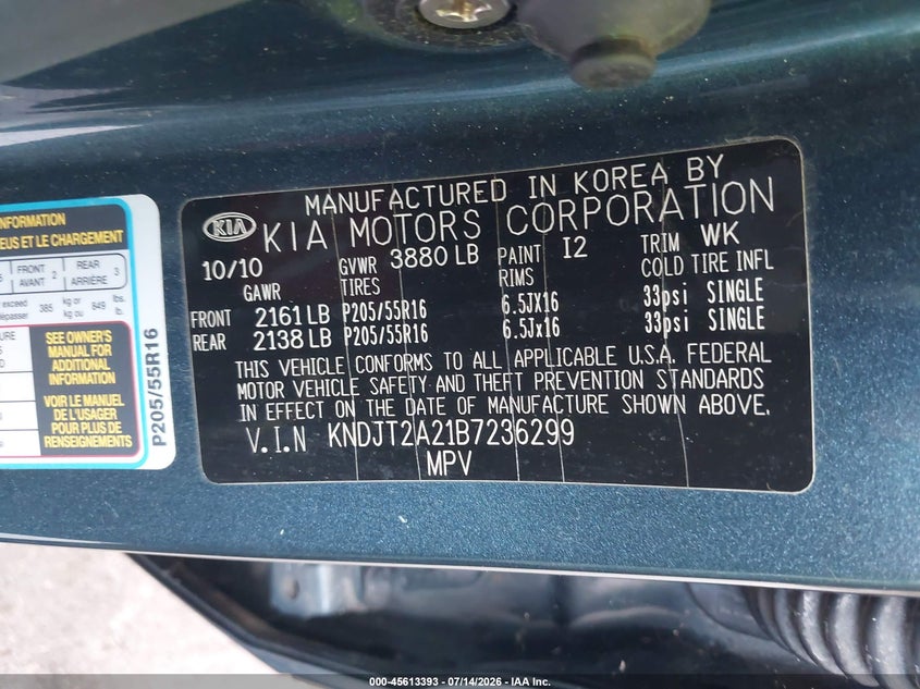2011 Kia Soul VIN KNDJT2A21B7236299 IAAI salvage auction — UNKNOWN, Clear (Florida), sold $700 on 2026-07-17 (photo 9)