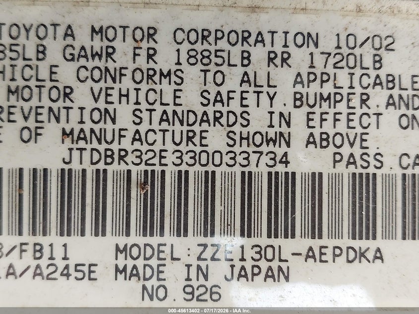2003 Toyota Corolla VIN JTDBR32E330033734 IAAI salvage auction — NORMAL WEAR, Clear (Maryland), sold $700 on 2026-07-22 (photo 9)