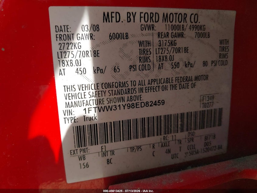 2008 Ford F-550 super duty VIN 1FTWW31Y98ED82459 IAAI salvage auction — NORMAL WEAR, Clear (Massachusetts), sold $375 on 2026-07-18 (photo 8)