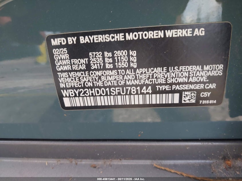 2025 BMW I4 VIN WBY23HD01SFU78144 IAAI salvage auction — REAR END, Salvage (California), sold $15,075 on 2026-09-02 (photo 9)
