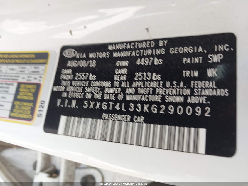 2019 Kia Optima VIN 5XXGT4L33KG290092 IAAI salvage auction — NORMAL WEAR, Original (Texas), sold $1,050 on 2026-07-28 (photo 9)