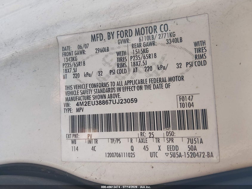 2007 Mercury Mountaineer VIN 4M2EU38867UJ23059 IAAI salvage auction — NORMAL WEAR, Salvage Title, sold $25 on 2026-07-23 (photo 9)